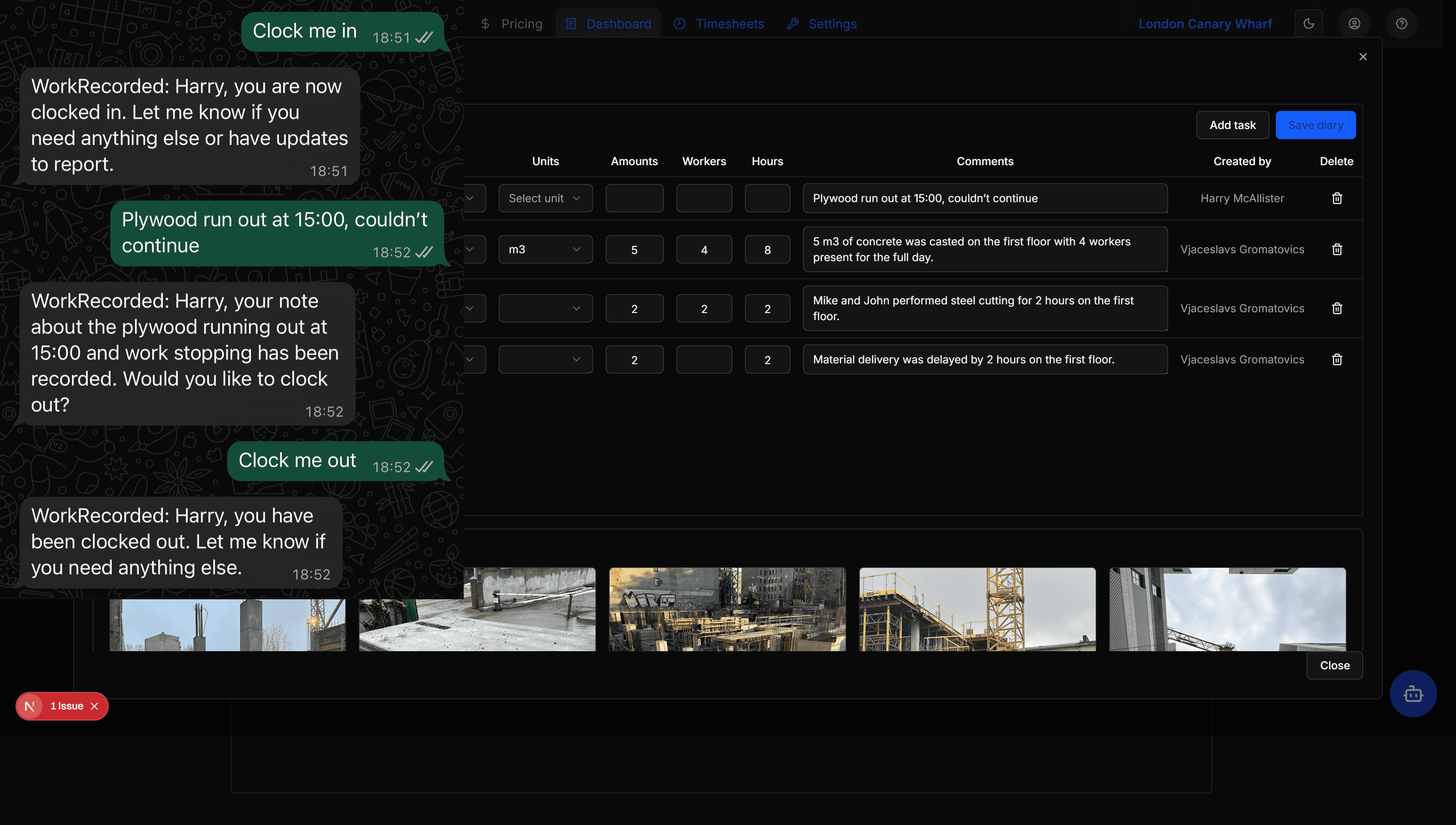 Site diary and project records in worksRecorded